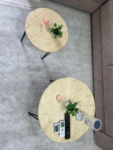 two wooden tables with plants on top of a floor at Himalayas in Gjirokastër