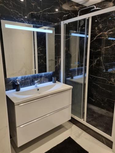 une salle de bain avec un lavabo blanc et une douche dans l'établissement apparemment cosy & chic, à Rezé