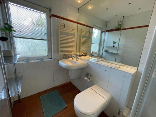 een badkamer met een toilet, een wastafel en een spiegel bij Haus-Selkie in Timmendorfer Strand