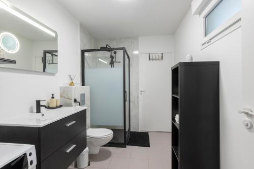 ein Badezimmer mit Toilette, Waschbecken und Dusche in der Unterkunft LOFT COZY 77 CONFORT Terrasse - Free Parking - Wifi - 3 CH et 2 SDB - Aéroport CDG - Disneyland Paris in Annet-sur-Marne