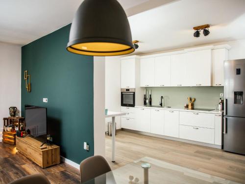 Donji ProložacにあるApartment Dogan by Interhomeの白いキャビネットと緑の壁が備わるキッチン