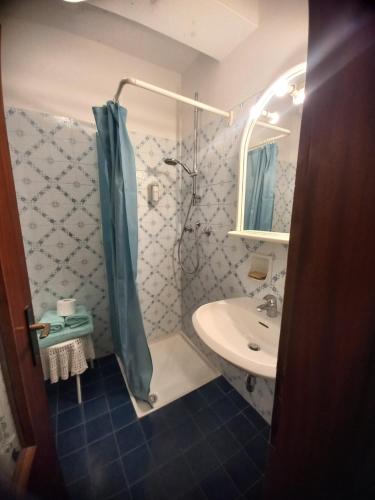 a bathroom with a shower curtain and a sink at Hotel Dolomiti Saone in Tione di Trento