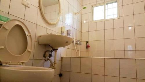 瑞穗鄉的住宿－瑞穗溫泉，一间带卫生间、水槽和镜子的浴室