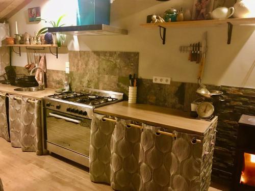 a kitchen with a stove and a counter top at La Ressource in Montfort-sur-Argens