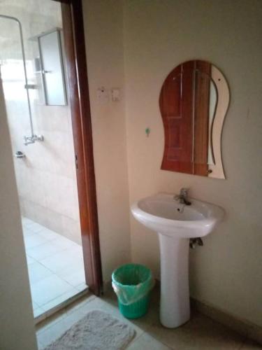 a bathroom with a sink and a shower with a mirror at Serene 1 Bedroom Cozy Apartment in a fancy mall in Najjera in Kampala