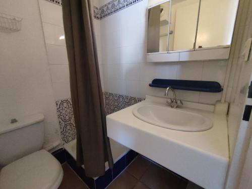 une salle de bain avec un lavabo, des toilettes et un miroir dans l'établissement Villa 16, La Palmeraie, au village naturiste, au Cap d'Agde