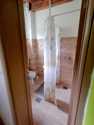 a bathroom with a toilet and a shower curtain at Omni S Apartments in Bar