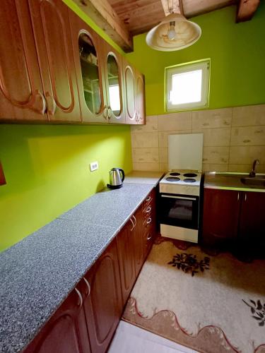 a kitchen with green and wooden cabinets and a stove at Omni S Apartments in Bar