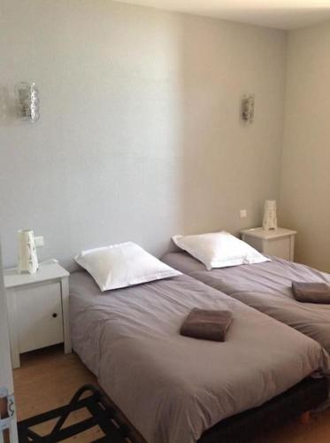 deux lits côte à côte dans une pièce dans l'établissement Gîte Le Prieuré des Mouilles maison de maître, à Juliénas