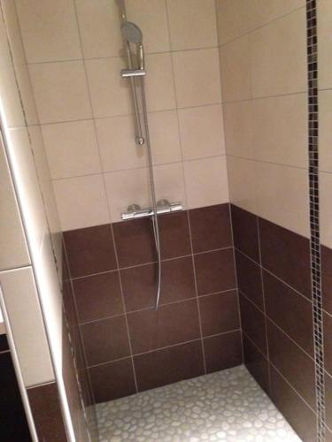 une douche avec du carrelage marron et blanc dans une salle de bain dans l'établissement Gîte Le Prieuré des Mouilles maison de maître, à Juliénas