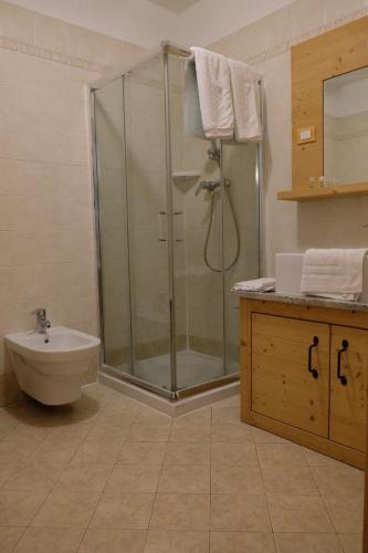 a bathroom with a shower and a toilet and a sink at B&B Longanorbait in Folgaria