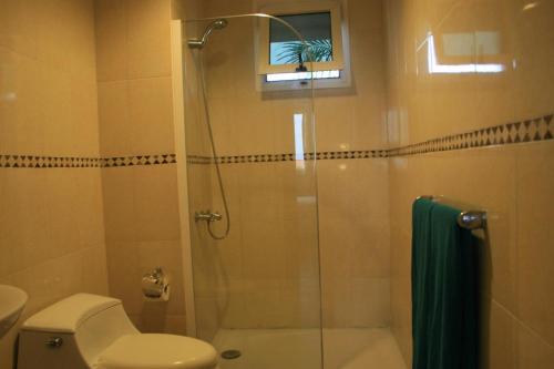 ein Bad mit einer Dusche, einem WC und einem Waschbecken in der Unterkunft Stunning 1-Bed Apartment pool view in Punta Cana in Punta Cana