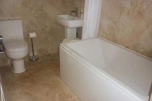 a bathroom with a toilet and a tub and a sink at Glenview Lodge accommodation, Monmouthshire in Usk