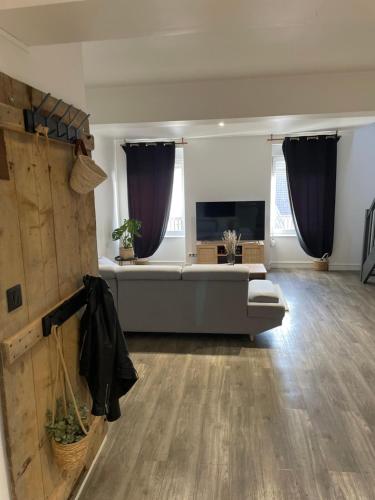 ein Wohnzimmer mit einem Sofa und einem TV in der Unterkunft L'appart Saint-Laurent in Chalon-sur-Saône