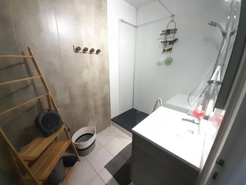 une salle de bain avec douche et lavabo dans l'établissement Charmant T2 rénové avec loggia, proche mer et pistes cyclables à Saint-Hilaire-de-Riez - FR-1-324A-57, à Saint-Hilaire-de-Riez