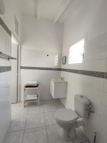 uma casa de banho branca com um WC e um lavatório em Les cattleyas em Petit-Bourg