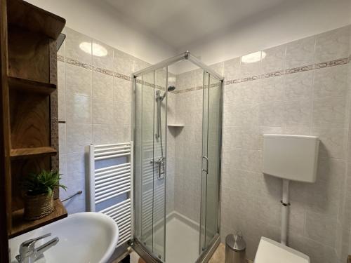 a bathroom with a shower and a sink at Casa Di Tino by GadraDoma in Assenza di Brenzone