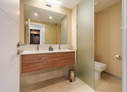 マニルバにある31 Pure South Penthouse sea views Manilvaの洗面台、トイレ、鏡のあるバスルーム