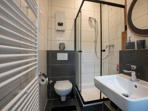 uma casa de banho com um WC, um lavatório e um chuveiro em Serviceroom24 - Apartment 2 in Recklinghausen Hoch WLAN - Smart-TV - 24-7 Check-in und Küche em Recklinghausen