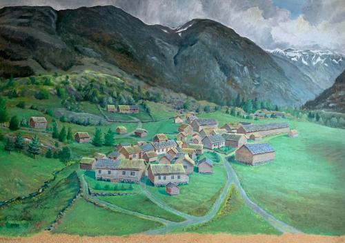 a painting of a village in a mountain at Guddals Tunet in Rosendal