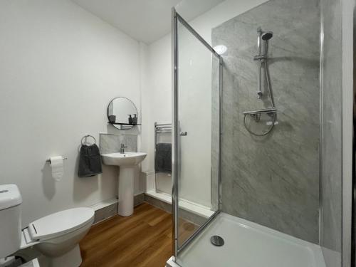 a bathroom with a shower and a toilet and a sink at Myrtle Villas in Hull