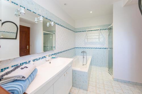 uma casa de banho com um lavatório, uma banheira e um espelho. em L'Errekaldea - Vue montagne et piscine privée em Masparraute