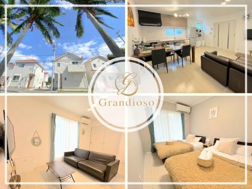 a collage of photos of a living room and dining room at Grande Ortho Okinawa Villa Onna 3 - Vacation STAY 91374 in Meta
