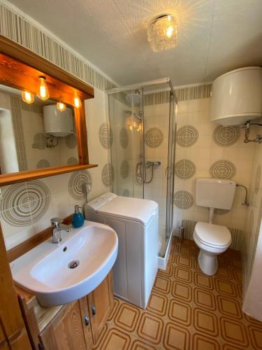 bagno con lavandino, doccia e servizi igienici di Lou Mitti Gontier a Champorcher