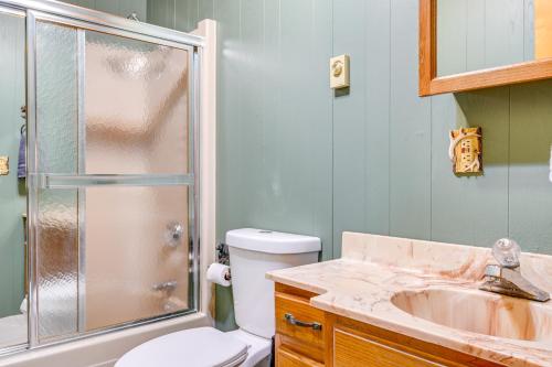 a bathroom with a shower and a toilet and a sink at Lake Home with Dock and Fire Pit Steps to Sandy Beach in Lake