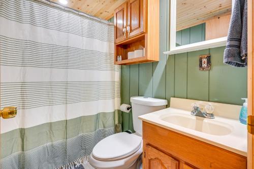 uma casa de banho com um WC, um lavatório e um chuveiro em Lake Home with Private Dock Steps to Sandy Beach! em Lake