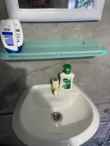 a white sink with a bottle of soap and a mirror at Area51 Glamps in Manāli