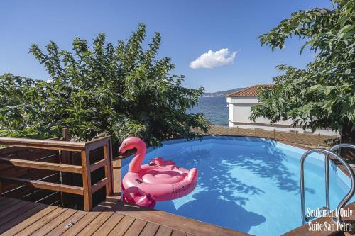 un flamingo rose dans une piscine dans l'établissement Résidence CasaBianca Porticcio - San Petru, à Porticcio