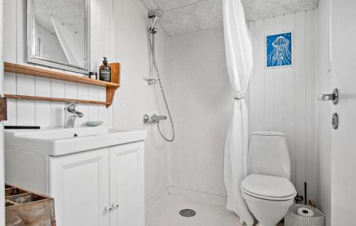 uma casa de banho com um WC, um lavatório e um chuveiro em Awesome Home In Hirtshals With Kitchen em Hirtshals