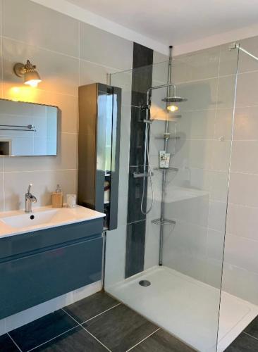 une salle de bain avec douche et lavabo dans l'établissement Charmante chambre dans une maison de campagne, à Saint-Étienne-de-Fontbellon