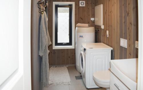 a bathroom with a toilet and a sink and a washing machine at Nice Home In Sandefjord With House Sea View in Sandefjord