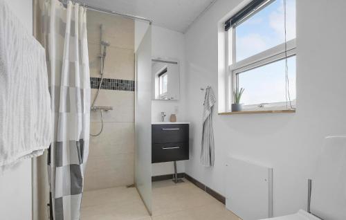 ein Bad mit einer Dusche, einem Waschbecken und einem Fenster in der Unterkunft Stunning Home In Holbk With Kitchen in Holbæk