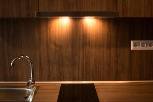 a bathroom with a sink and a wooden wall at Hotel Eurobus in Kaluža