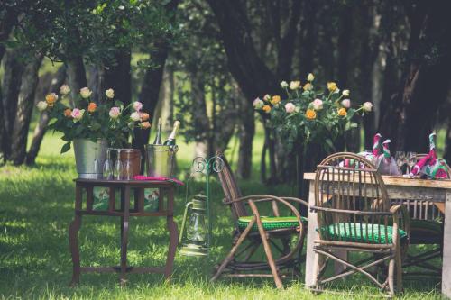two chairs and a table with flowers in a park at Mukima Manor in Nanyuki