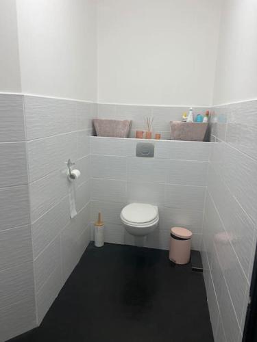 La salle de bains blanche est pourvue de toilettes. dans l'établissement Villa avec piscine, à Narbonne