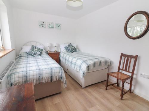 a bedroom with two beds and a mirror and a chair at White Cottage in Abbeyfeale