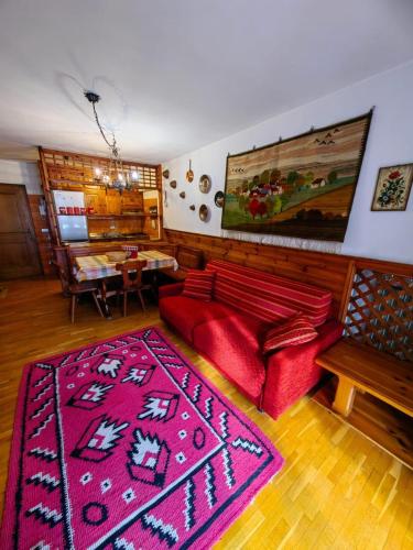 a living room with a red couch and a pink rug at Appartment Ambata in Auronzo di Cadore