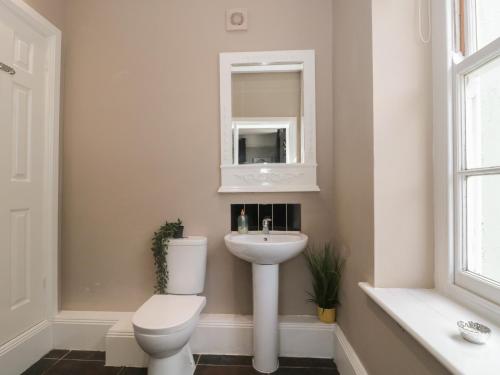 a bathroom with a toilet and a sink and a mirror at Buckland House Annex in Taunton