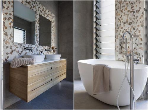 two pictures of a bathroom with a tub and a sink at Always Summer Boomerang in Boomerang Beach