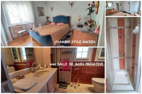un collage de trois photos d'une salle de bains dans l'établissement L'Enclos des Lys -appartement, à Aurillac