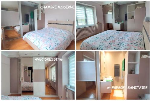 un collage de quatre photos d'une chambre dans l'établissement L'Enclos des Lys -appartement, à Aurillac