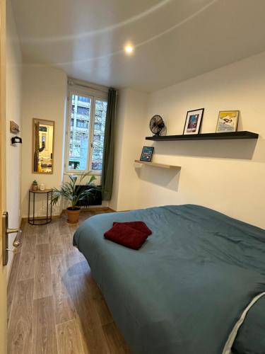 a bedroom with a bed and a window in it at Le Refuge T3 centre ville 63m2 pied des montagnes in Albertville