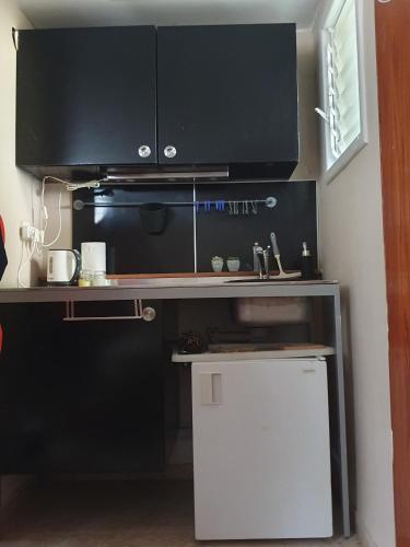 a kitchen with black cabinets and a white refrigerator at הביקתה בגן 
