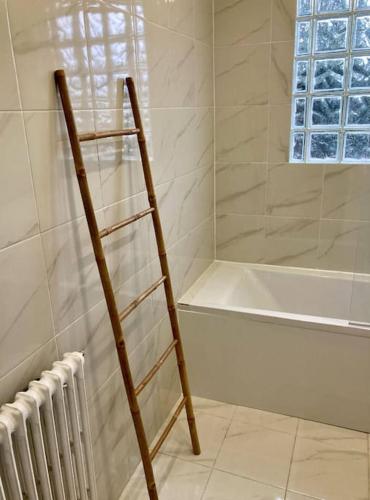 - une salle de bains avec une échelle à côté d'une baignoire dans l'établissement Grand appartement proche Cité de l'Espace, à Toulouse