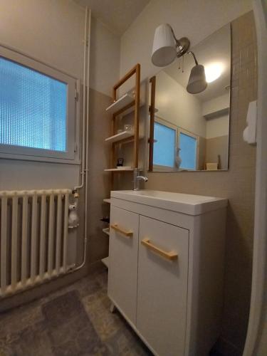 ein Bad mit einem Waschbecken und einem Spiegel in der Unterkunft gite de la tour carrée in Montrichard