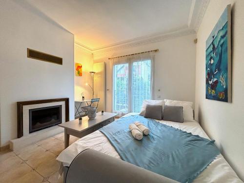 1 dormitorio con 1 cama grande y chimenea en Color - Charmant appartement proche RER B & C avec Jardin, en Verrières-le-Buisson
